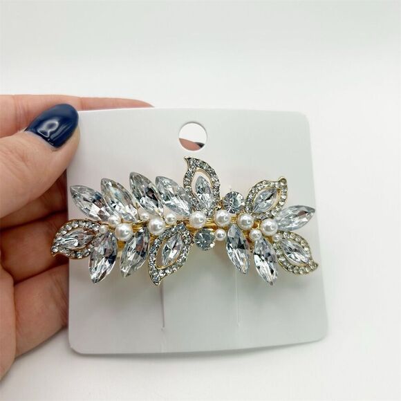 Faux Pearl Golden Hair Barrette Statement Silver Tone Leaves Natural Rhinestone - Picture 3 of 8